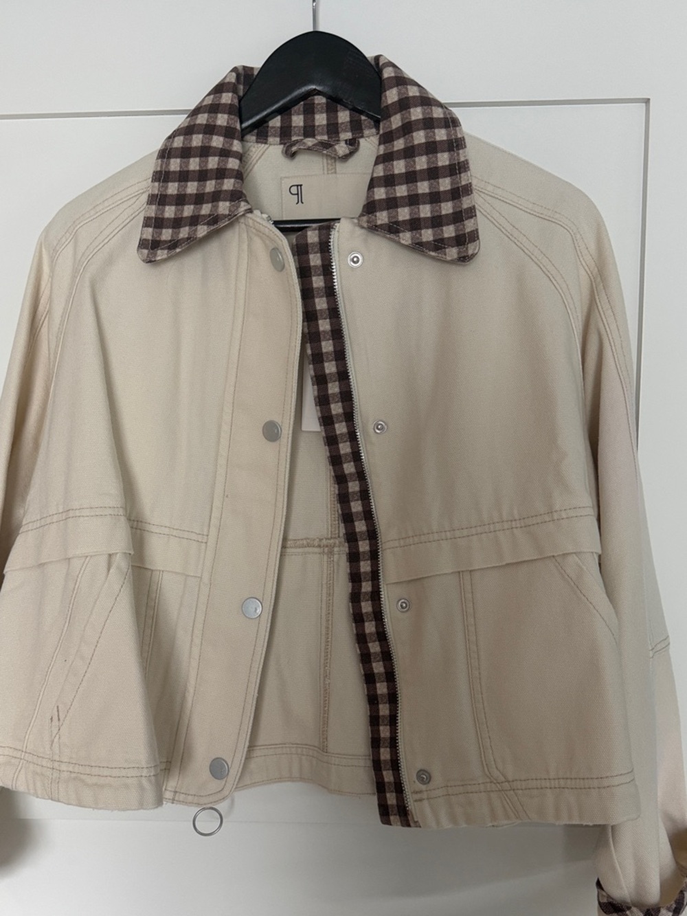 Anthropologie Cream Jacket with Brown Plaid Trim